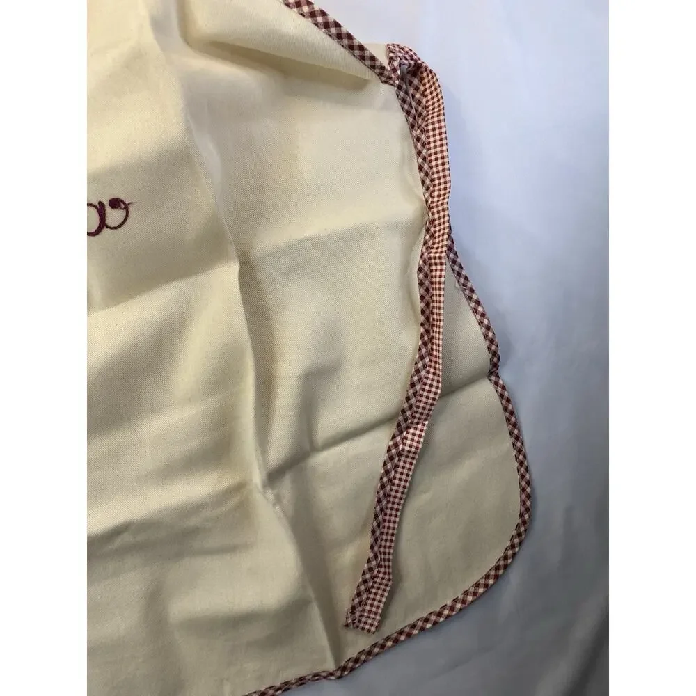 Nonna Embroidered Bib Apron Beige/Maroon Gingham Trim Pocket Cotton One Size